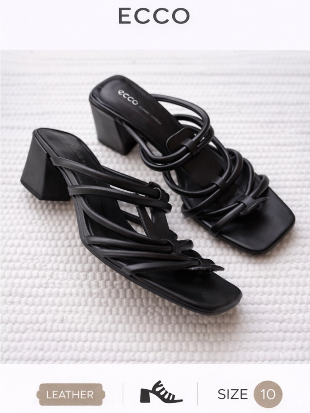 ECCO Black Leather Strappy Block Heel Sandals Minimal Square Toe